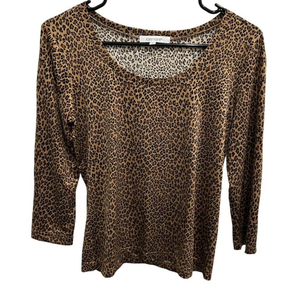 Karen Kane Womens Leopard Print Top Medium 3/4 Sleeve Nylon Spandex Blend
